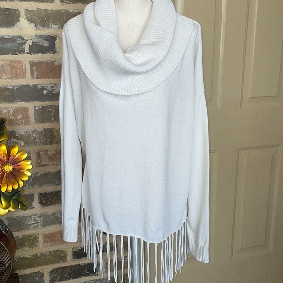 Michael Kors Cream White Cotton Statement Fringe Sweater Shawl Funnel Collar LRG - Picture 2 of 15